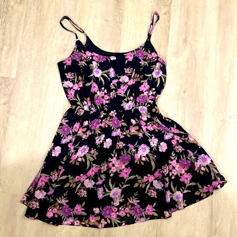 Black skater dress with purple flower print L